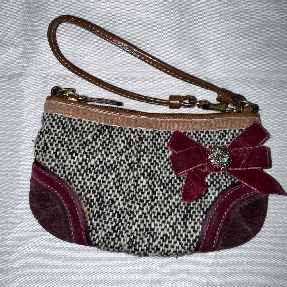 Coach Tweed Mini Y2K Bag Wristlet Wool Suede Velvet Trim Jewel Bow Gray Maroon